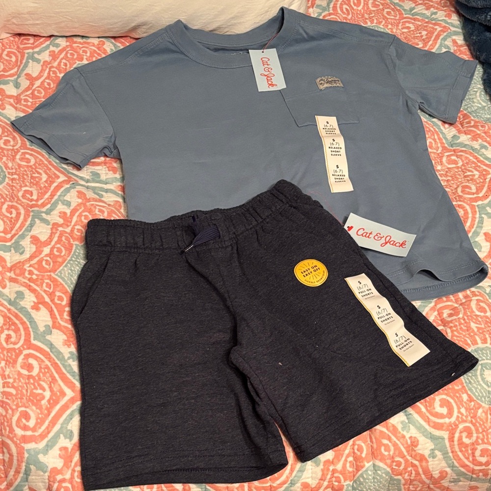 Cat & Jack Light Blue Tee and Dark Gray Shorts Set